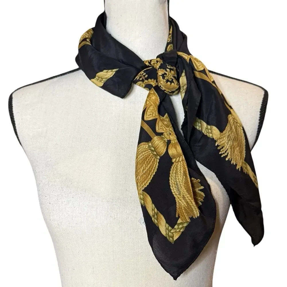 VTG Echo Luxury Black Gold Floral Scroll Tassel Motif Silk Scarf 29” X 30”